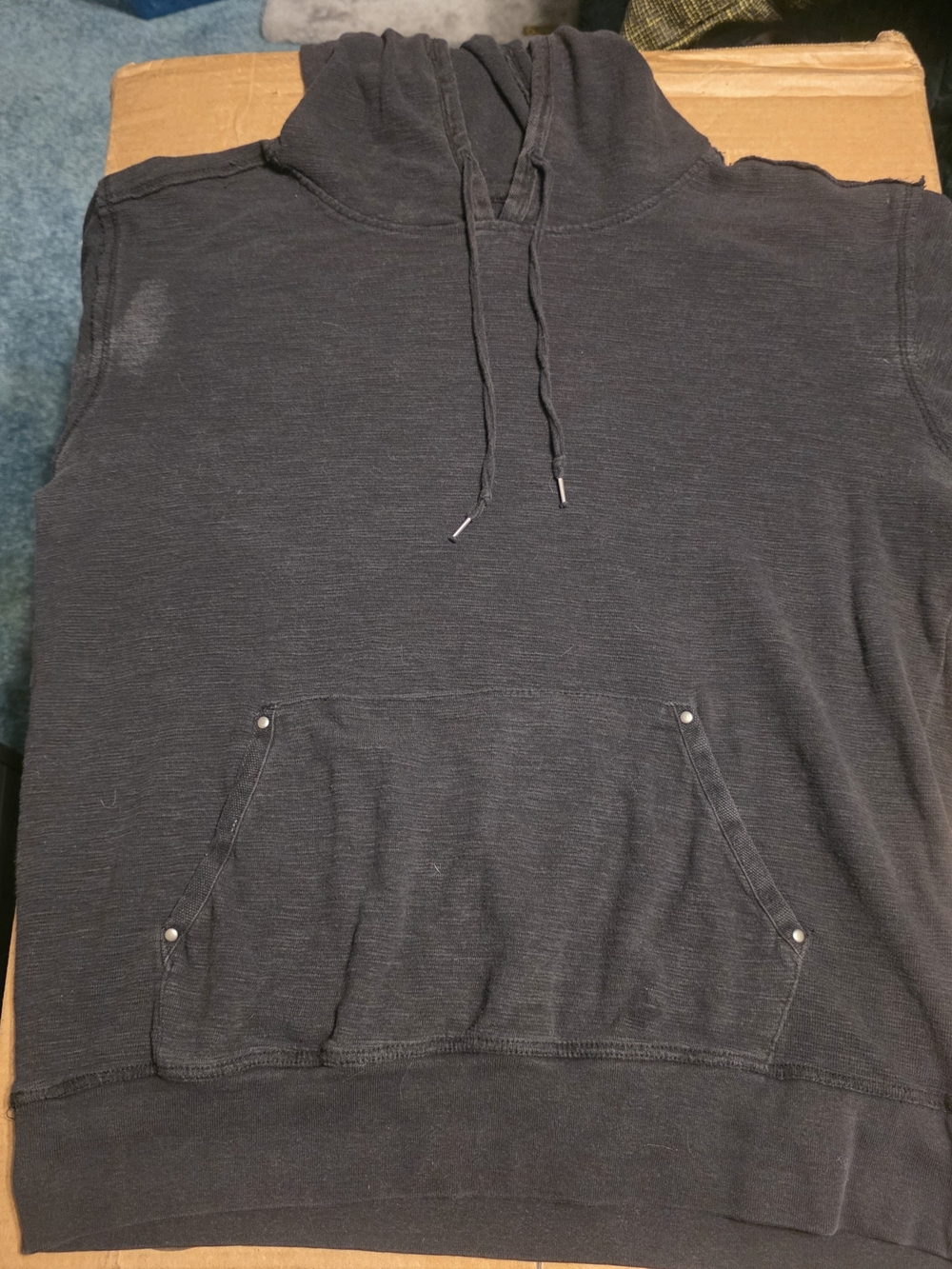 paper denim & cloth Men's L Distressed Black Hoodie Raw Edge With Rivets
